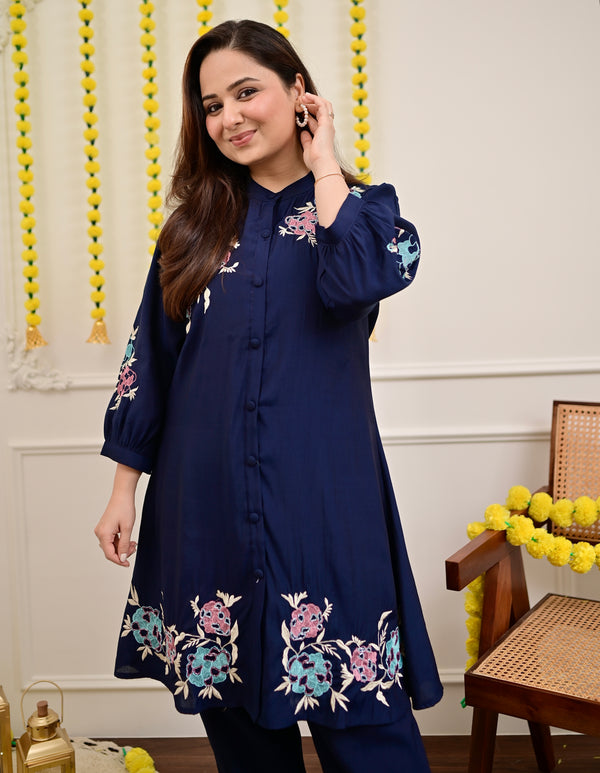 Navy Roman Silk Handwork Festive Co-ord