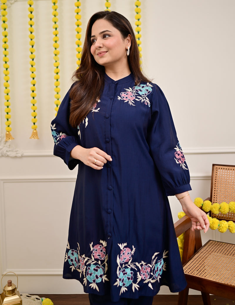 Navy Roman Silk Handwork Festive Co-ord