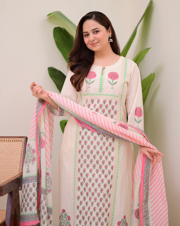 Ivory Pink Floral Printed Premium Cotton Suit