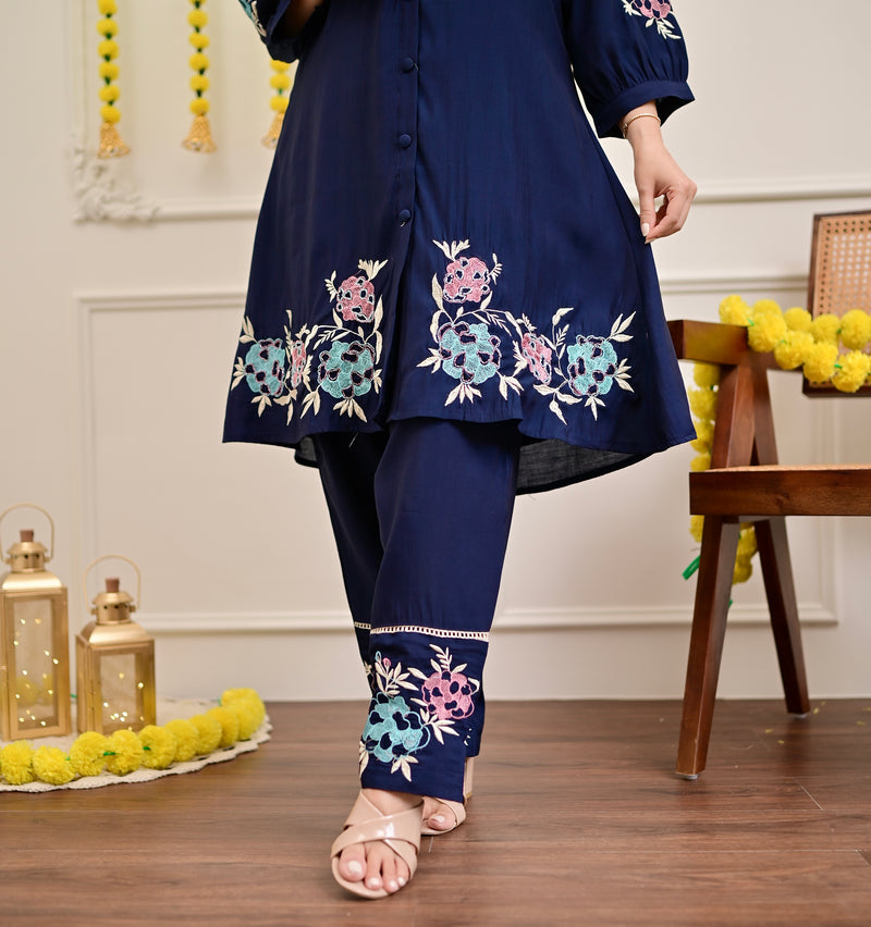 Navy Roman Silk Handwork Festive Co-ord