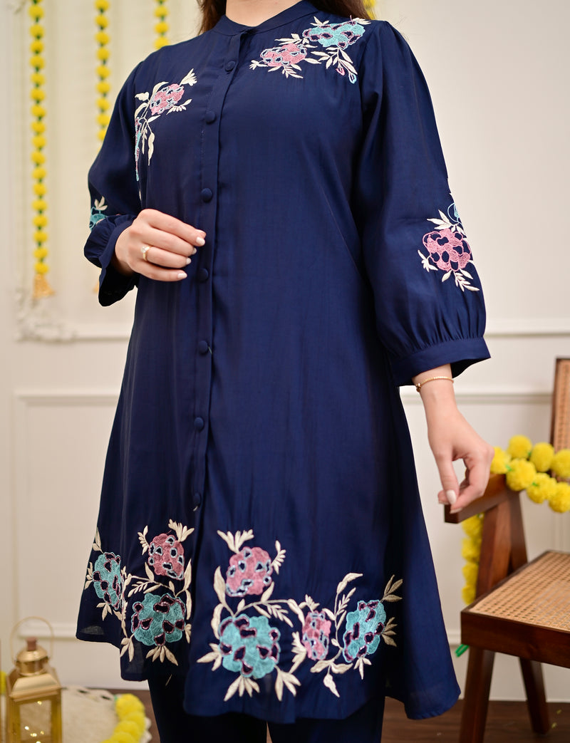 Navy Roman Silk Handwork Festive Co-ord