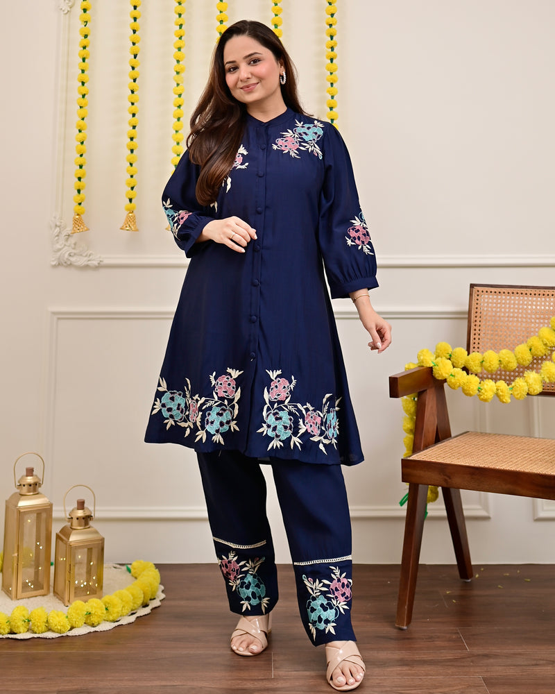 Navy Roman Silk Handwork Festive Co-ord