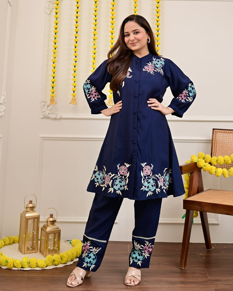 Navy Roman Silk Handwork Festive Co-ord