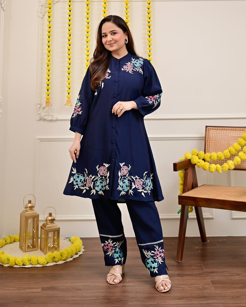 Navy Roman Silk Handwork Festive Co-ord