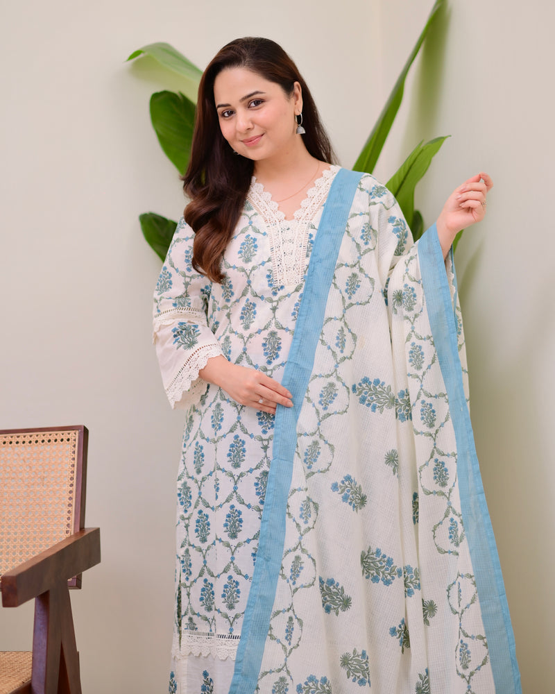 Blue Floral Printed Pakistani Lace Suit