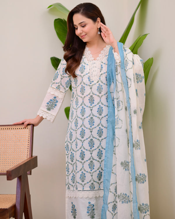 Blue Floral Printed Pakistani Lace Suit