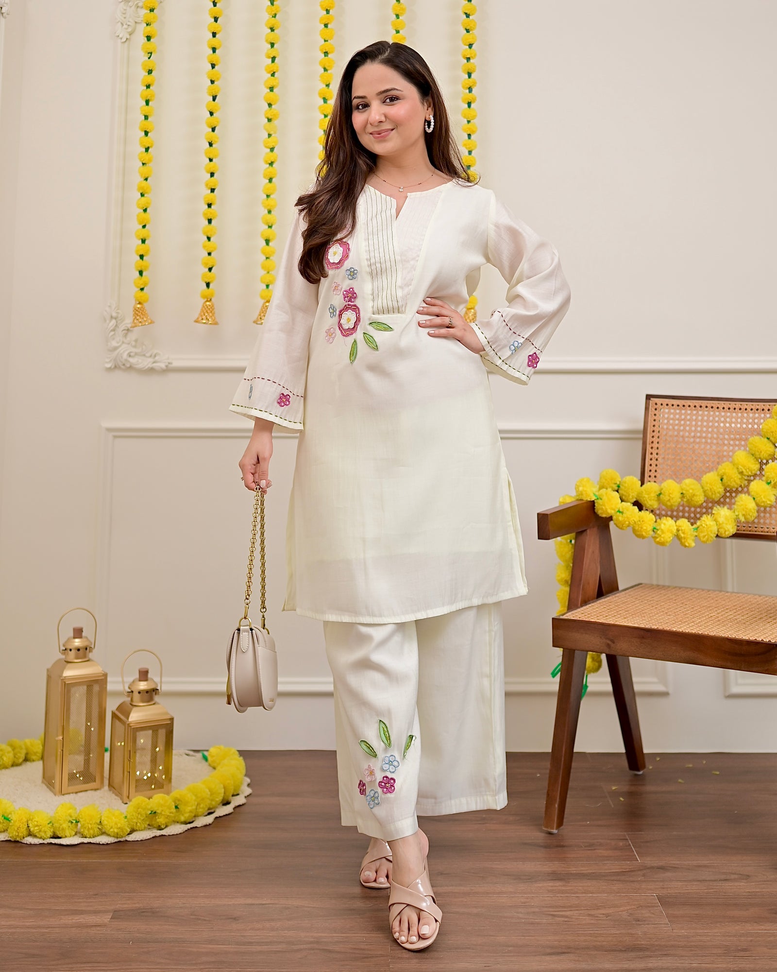 Pearl Ivory 2 Piece Applique Work Pure Roman Silk Co-ord Set For