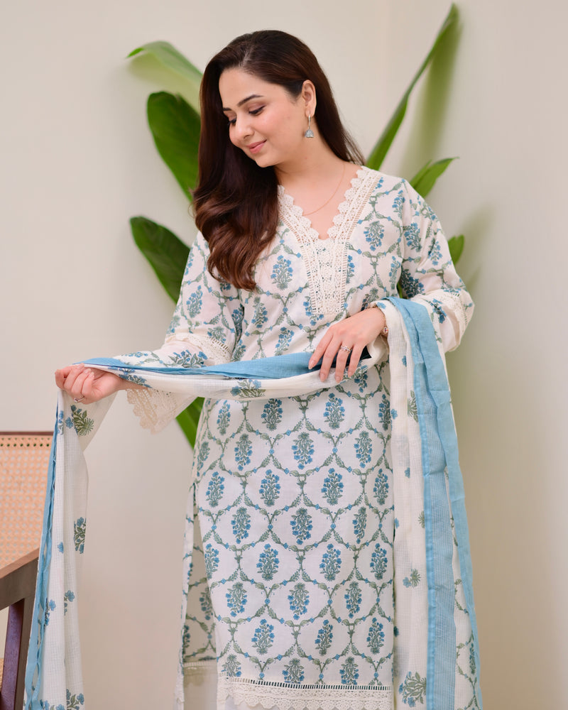 Blue Floral Printed Pakistani Lace Suit