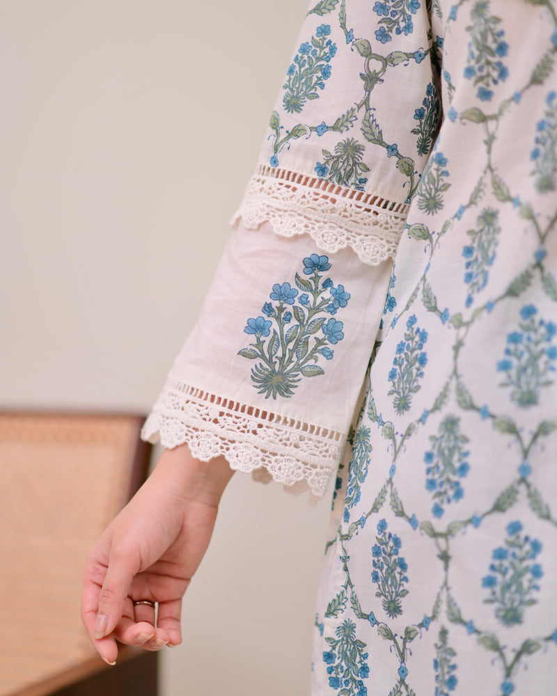 Blue Floral Printed Pakistani Lace Suit
