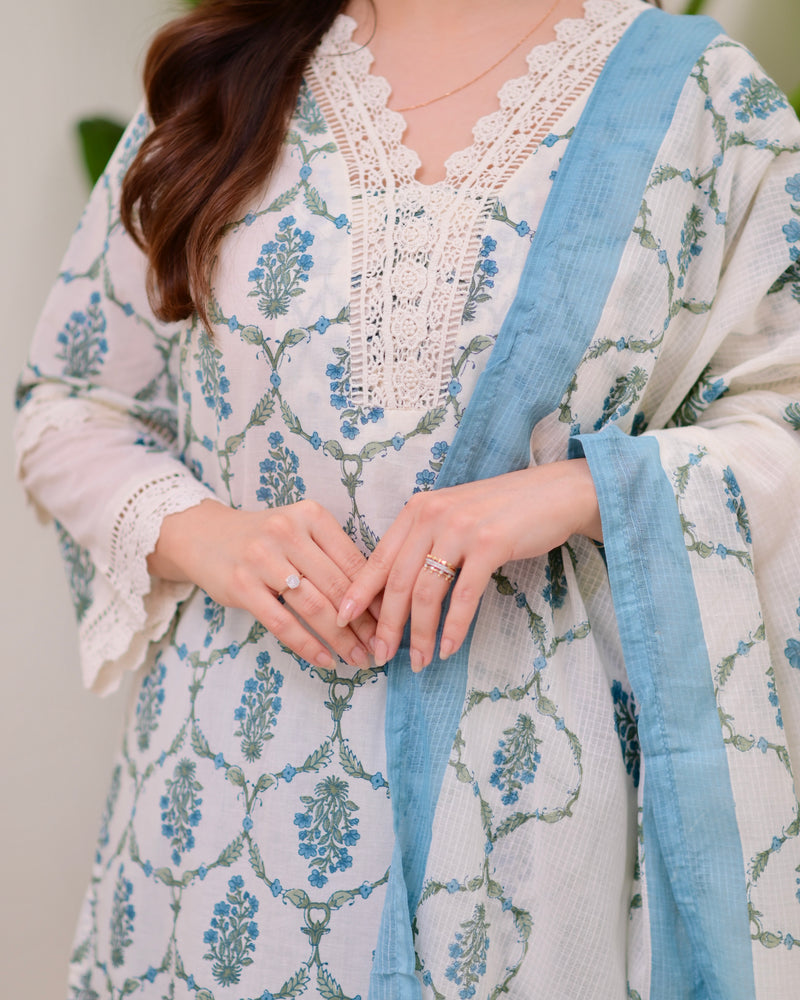 Blue Floral Printed Pakistani Lace Suit