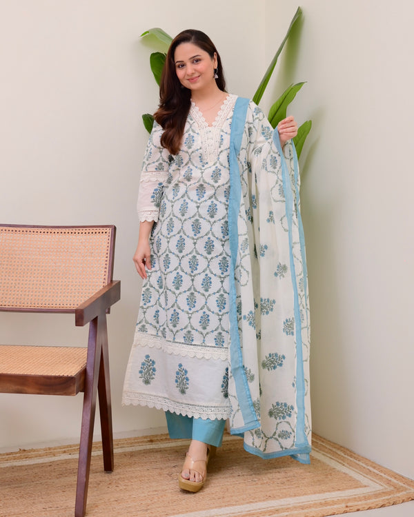 Blue Floral Printed Pakistani Lace Suit