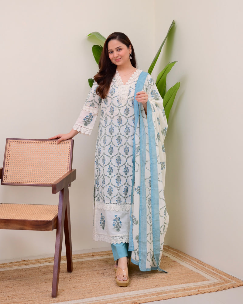 Blue Floral Printed Pakistani Lace Suit