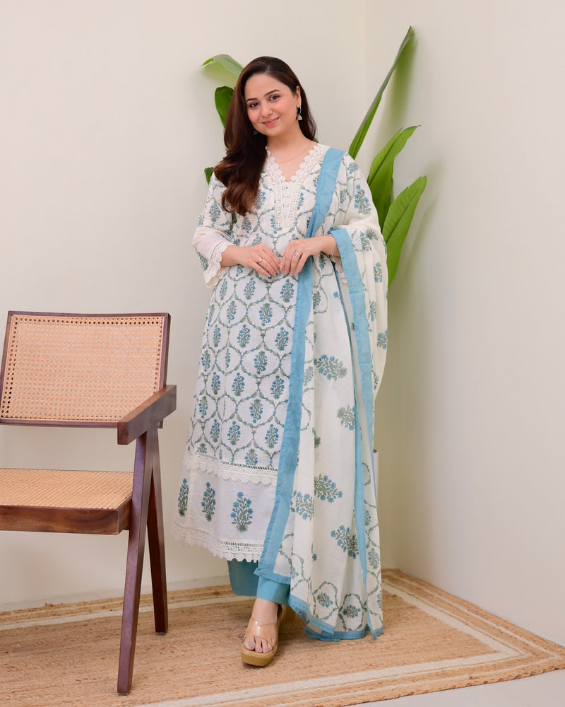 Blue Floral Printed Pakistani Lace Suit