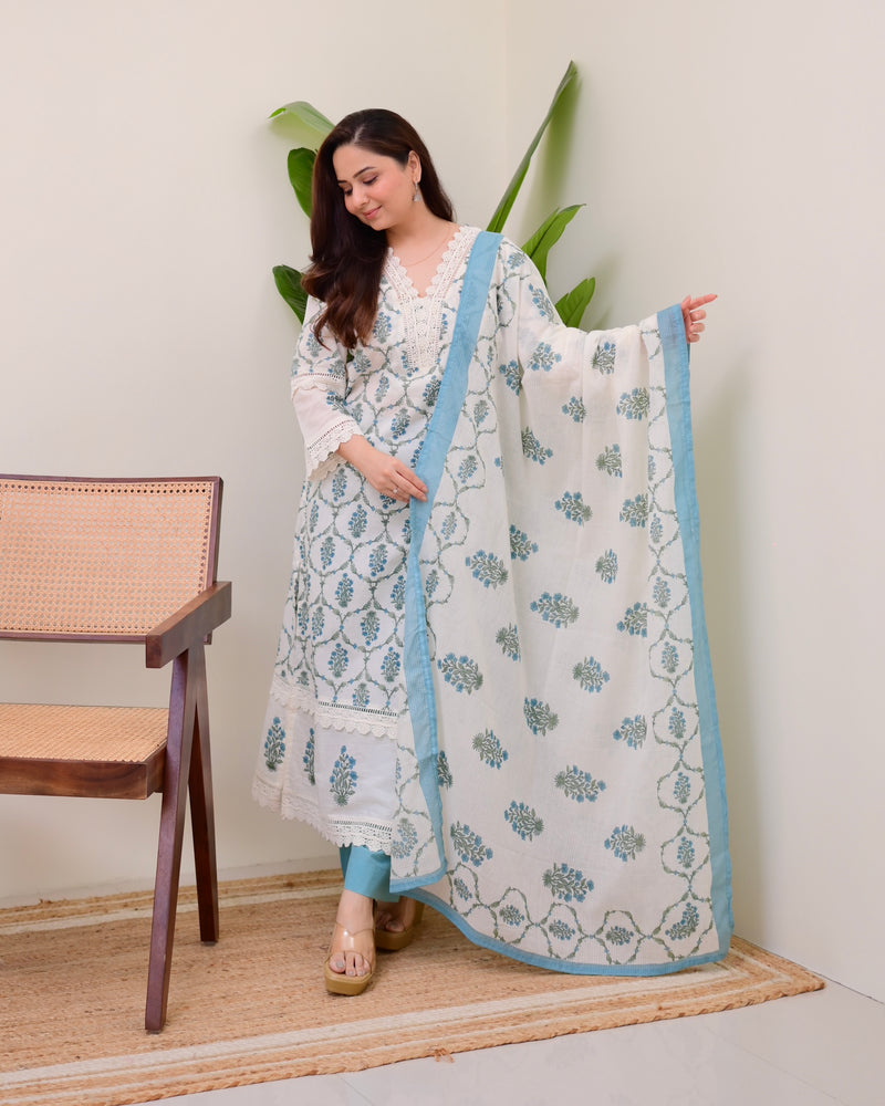 Blue Floral Printed Pakistani Lace Suit