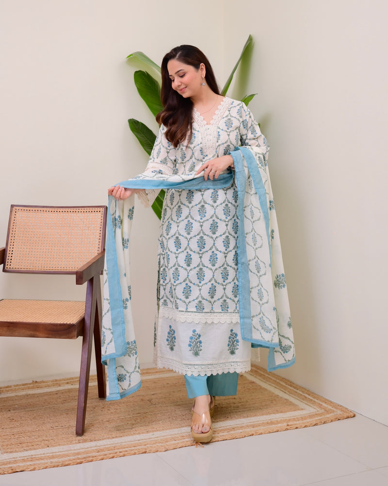 Blue Floral Printed Pakistani Lace Suit