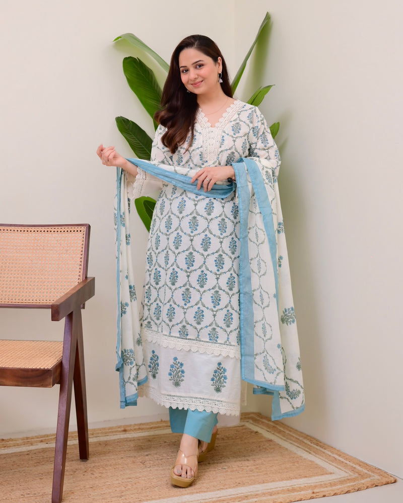 Blue Floral Printed Pakistani Lace Suit