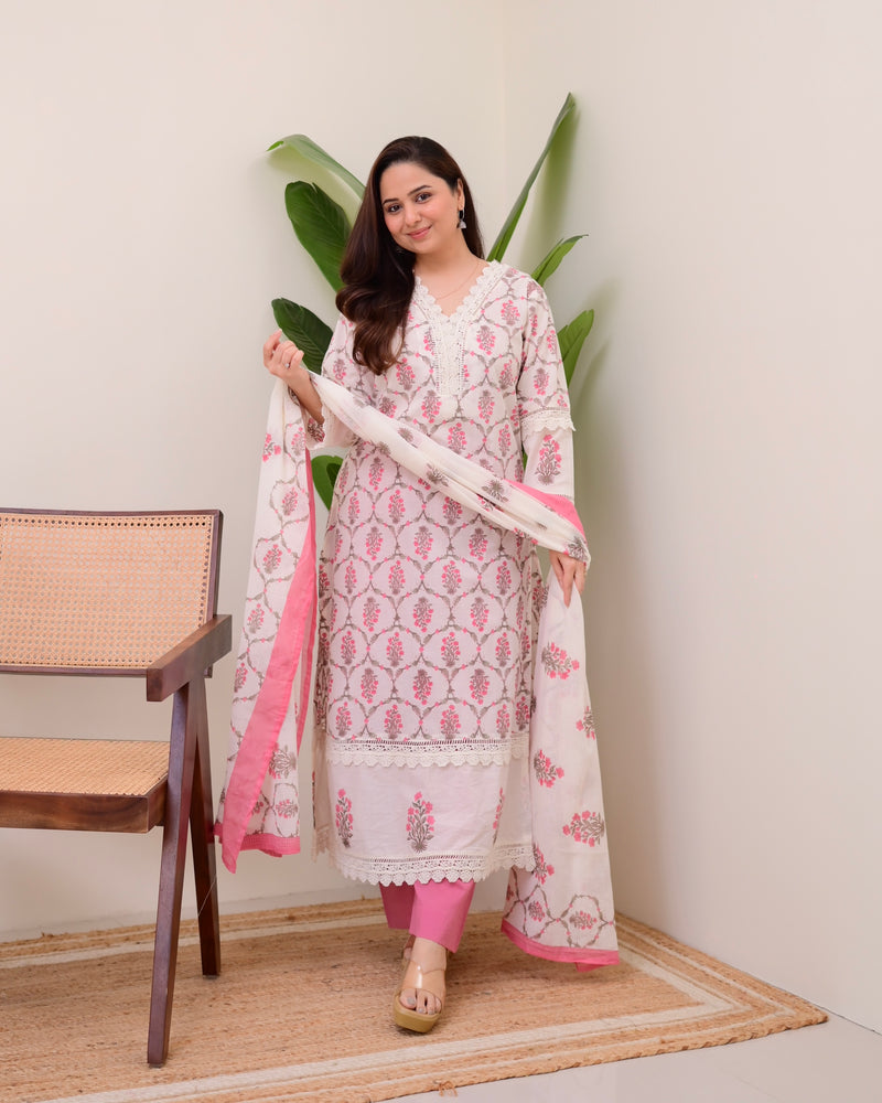 Pink Floral Printed Pakistani Lace Suit