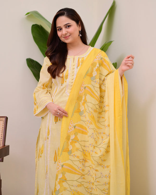 Yellow Leaf Pakistani Lace Cotton Suit
