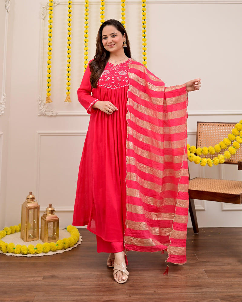 Red Handwork Mul Chanderi A Line Festive Suit