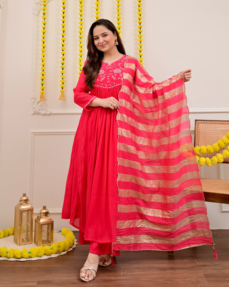 Red Handwork Mul Chanderi A Line Festive Suit