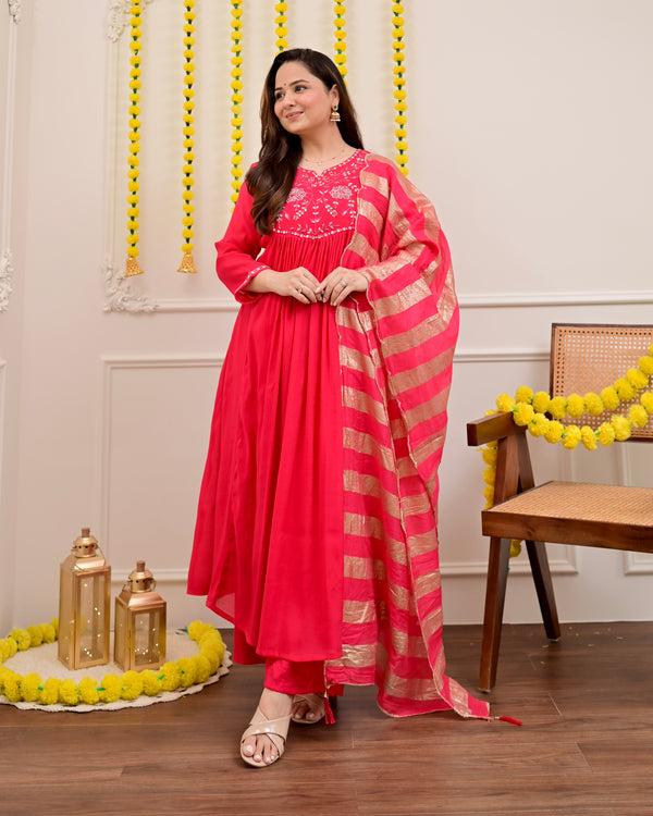 Red Handwork Mul Chanderi A Line Festive Suit