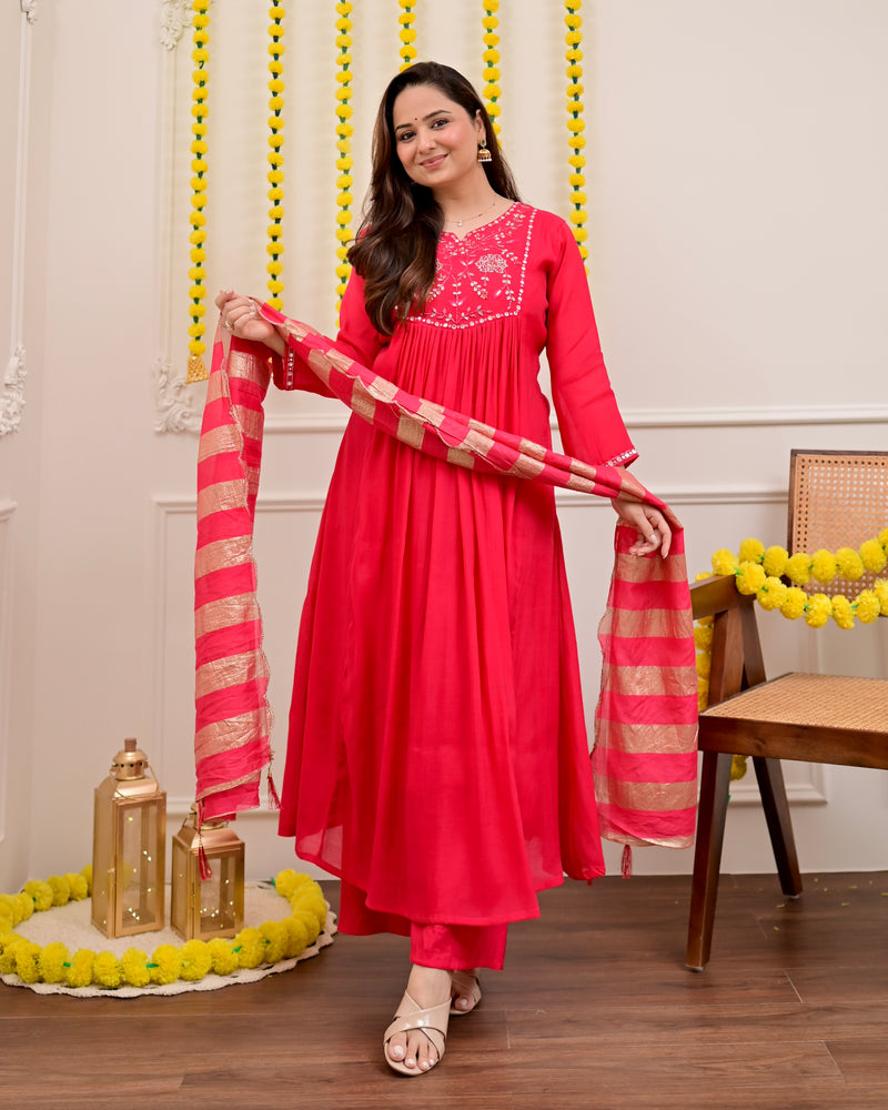 Red Handwork Mul Chanderi A Line Festive Suit