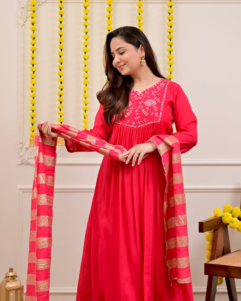 Red Handwork Mul Chanderi A Line Festive Suit