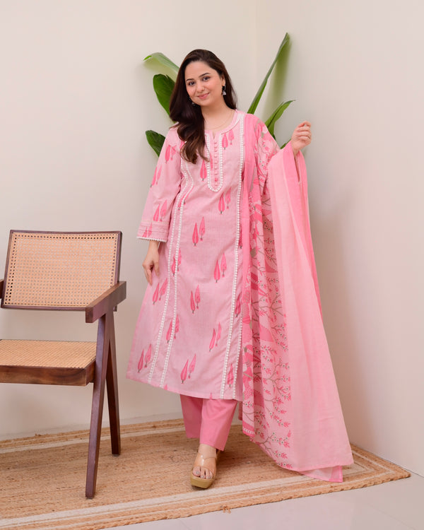 Pink Leaf Pakistani Lace Cotton Suit