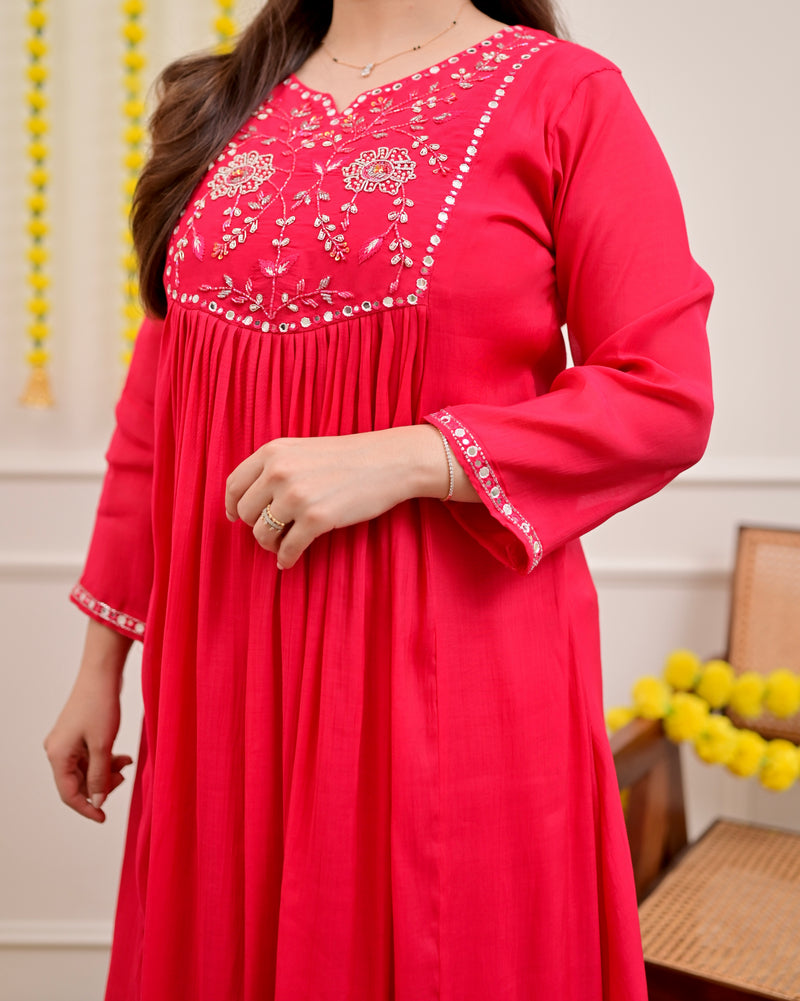 Red Handwork Mul Chanderi A Line Festive Suit