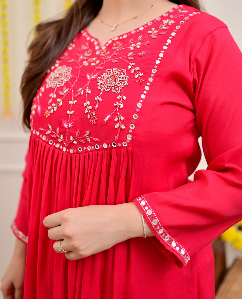 Red Handwork Mul Chanderi A Line Festive Suit