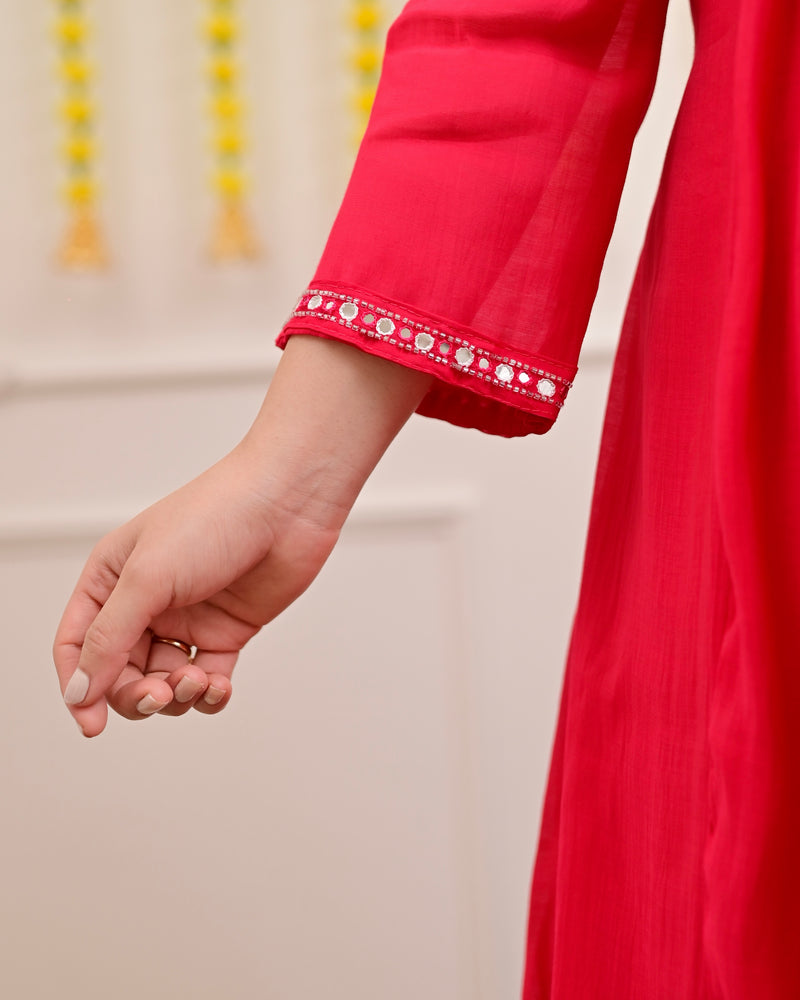 Red Handwork Mul Chanderi A Line Festive Suit