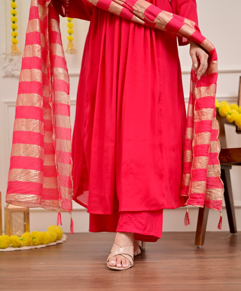 Red Handwork Mul Chanderi A Line Festive Suit