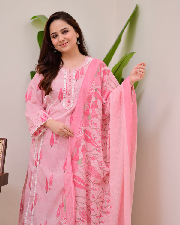 Pink Leaf Pakistani Lace Cotton Suit