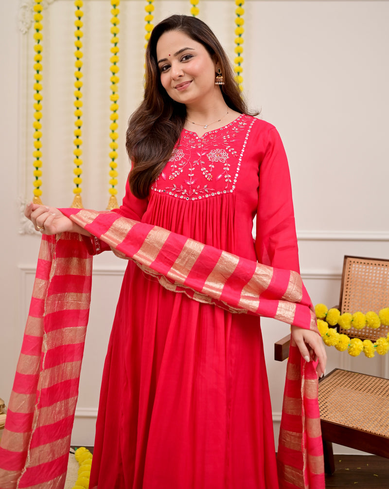 Red Handwork Mul Chanderi A Line Festive Suit
