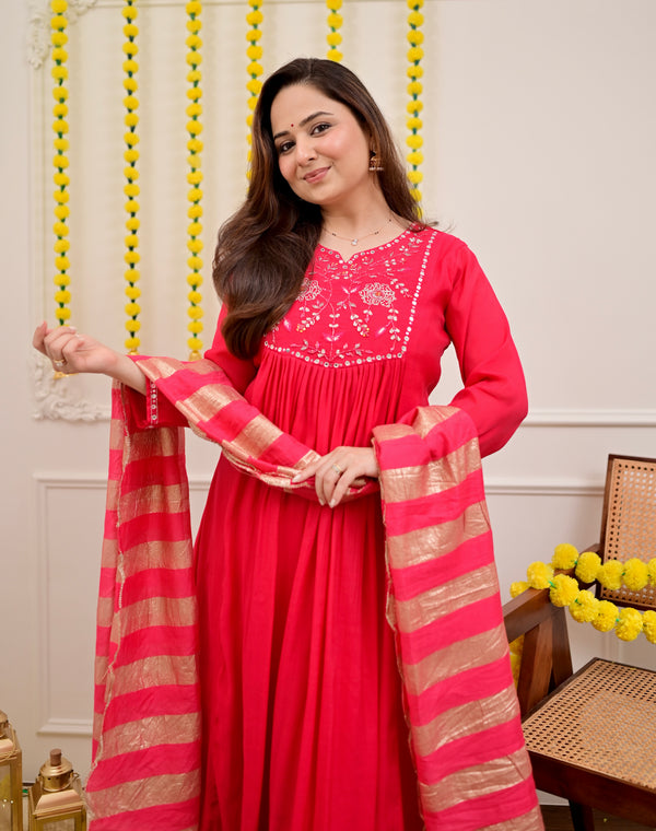 Red Handwork Mul Chanderi A Line Festive Suit