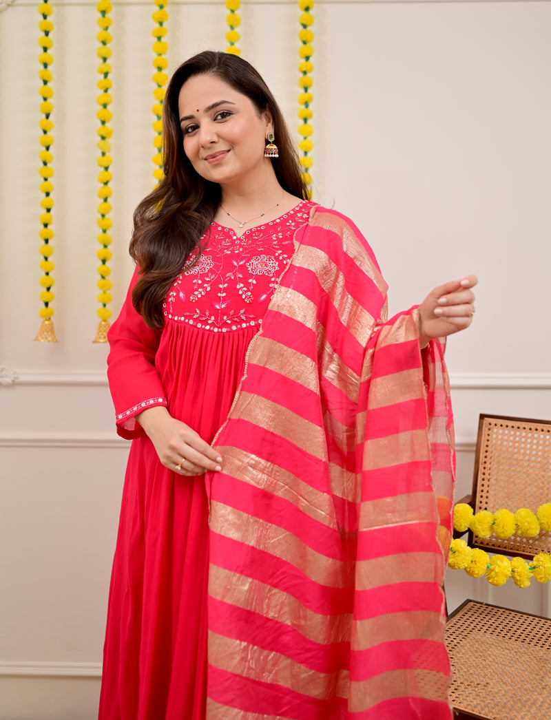 Red Handwork Mul Chanderi A Line Festive Suit