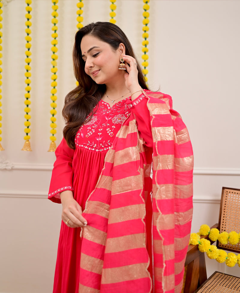 Red Handwork Mul Chanderi A Line Festive Suit