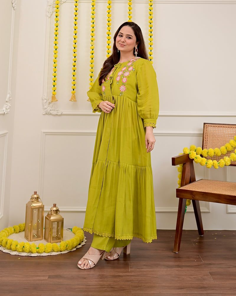 Green Handwork Mul Chanderi A Line Kurta Set