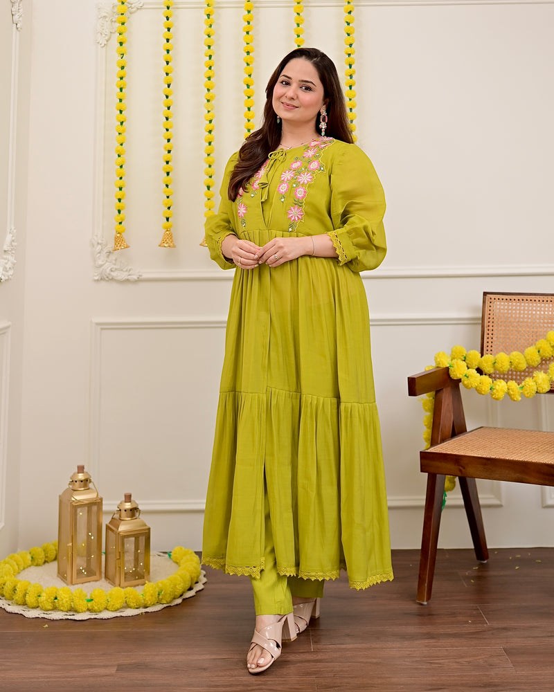 Green Handwork Mul Chanderi A Line Kurta Set
