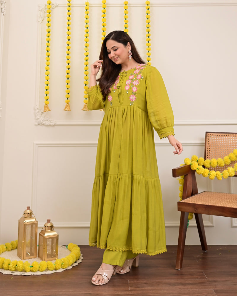Green Handwork Mul Chanderi A Line Kurta Set