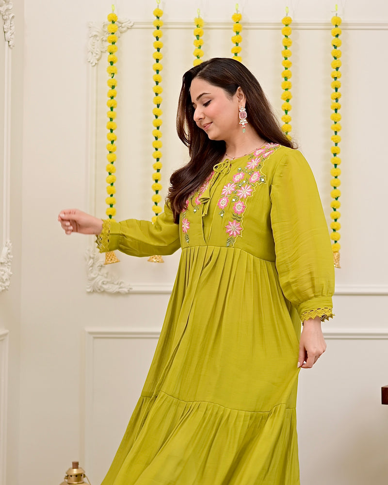 Green Handwork Mul Chanderi A Line Kurta Set