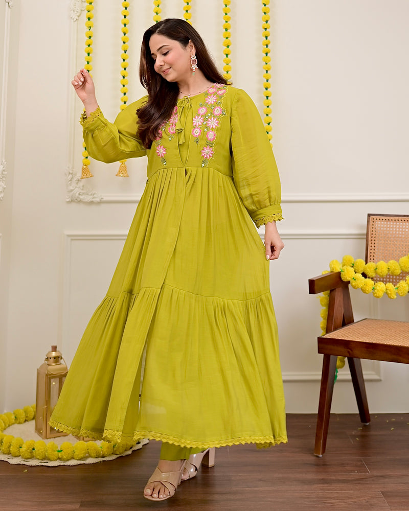 Green Handwork Mul Chanderi A Line Kurta Set
