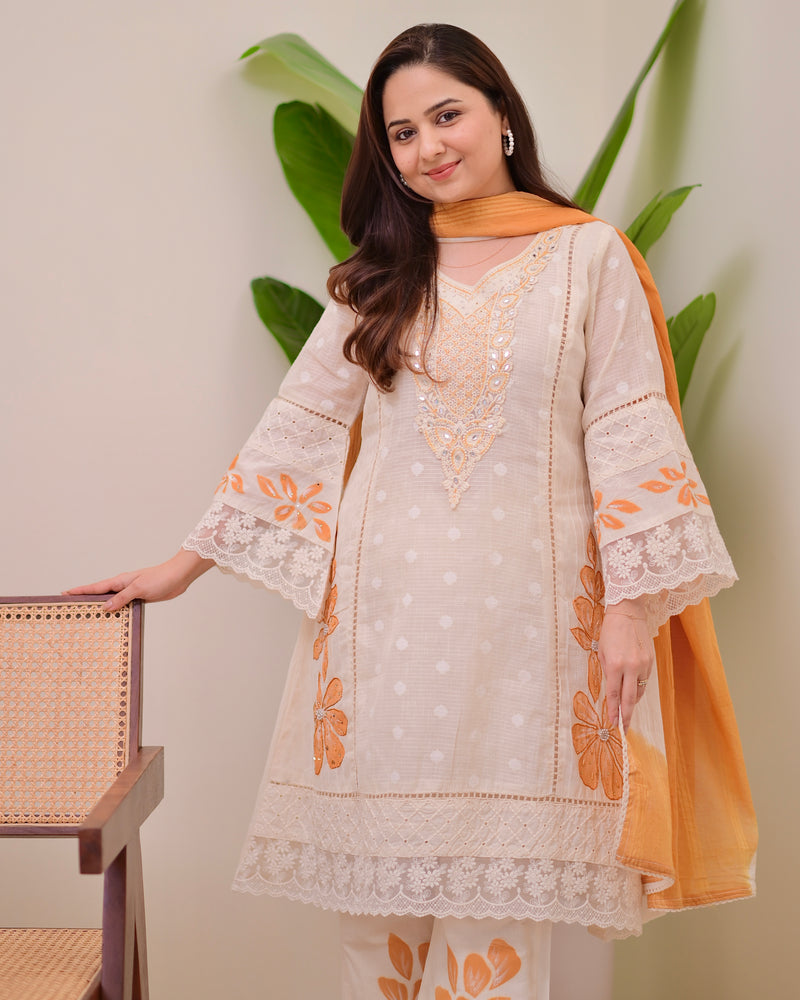 Ivory Mustard A Line Pakistani Handwork Suit
