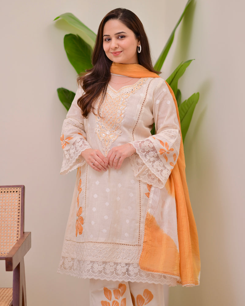 Ivory Mustard A Line Pakistani Handwork Suit
