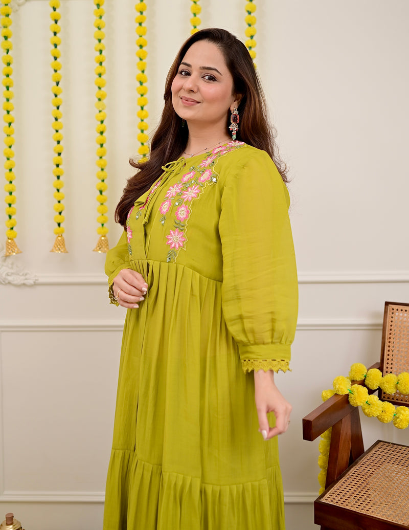 Green Handwork Mul Chanderi A Line Kurta Set