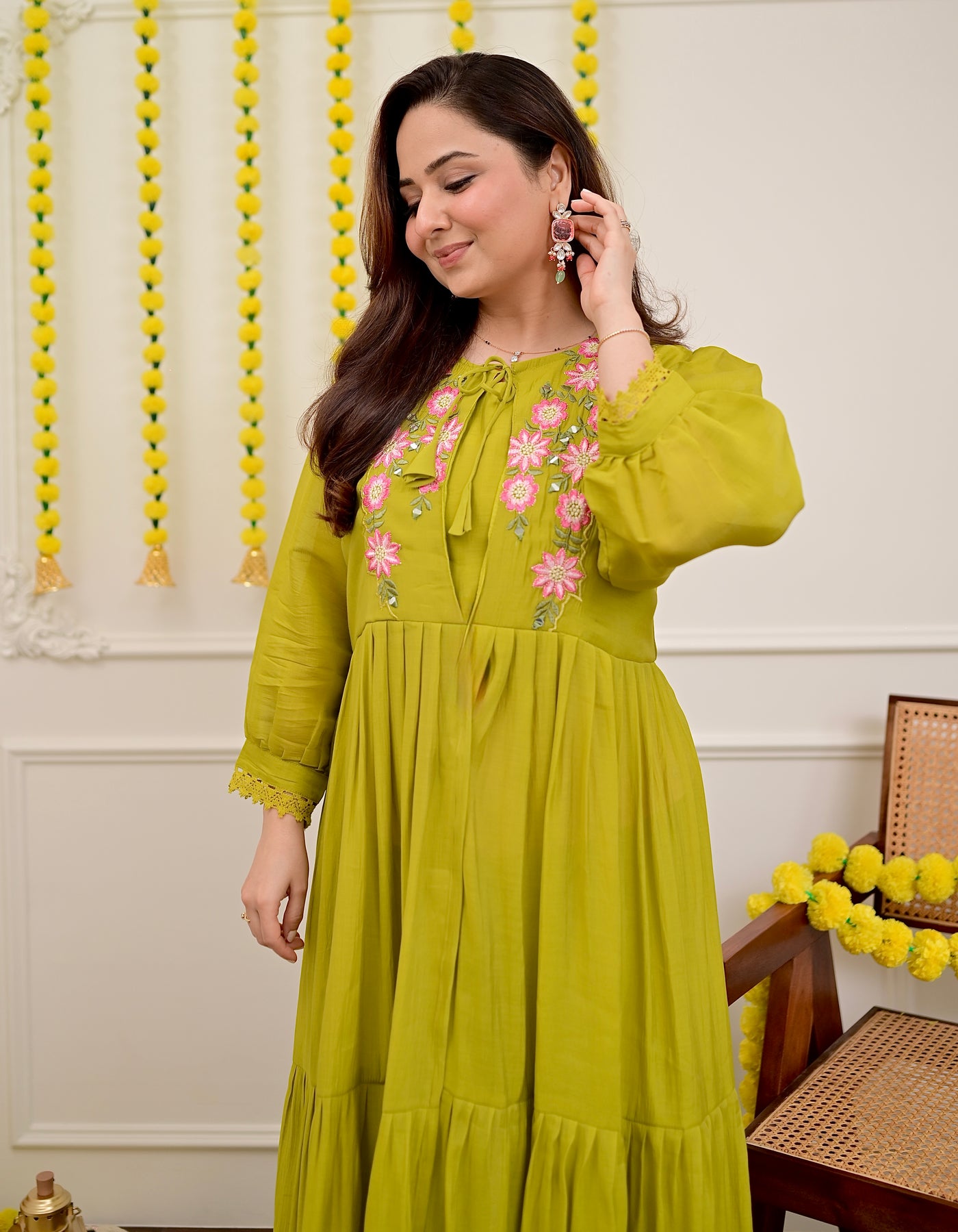 Green Handwork Mul Chanderi A Line Kurta Set