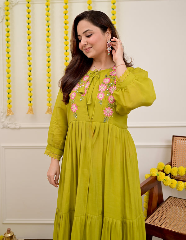 Green Handwork Mul Chanderi A Line Kurta Set