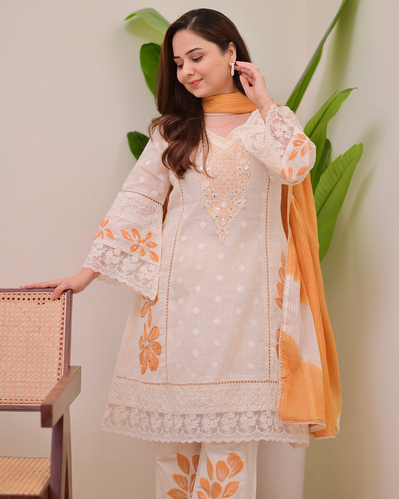 Ivory Mustard A Line Pakistani Handwork Suit