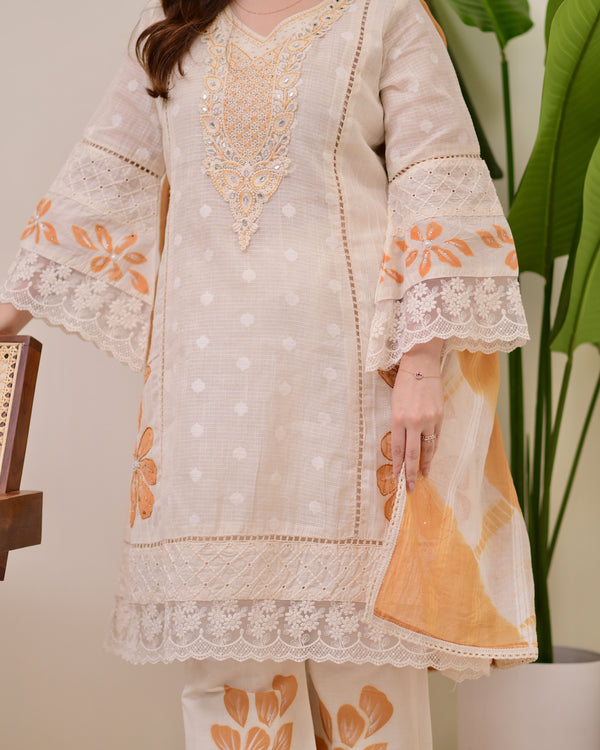 Ivory Mustard A Line Pakistani Handwork Suit