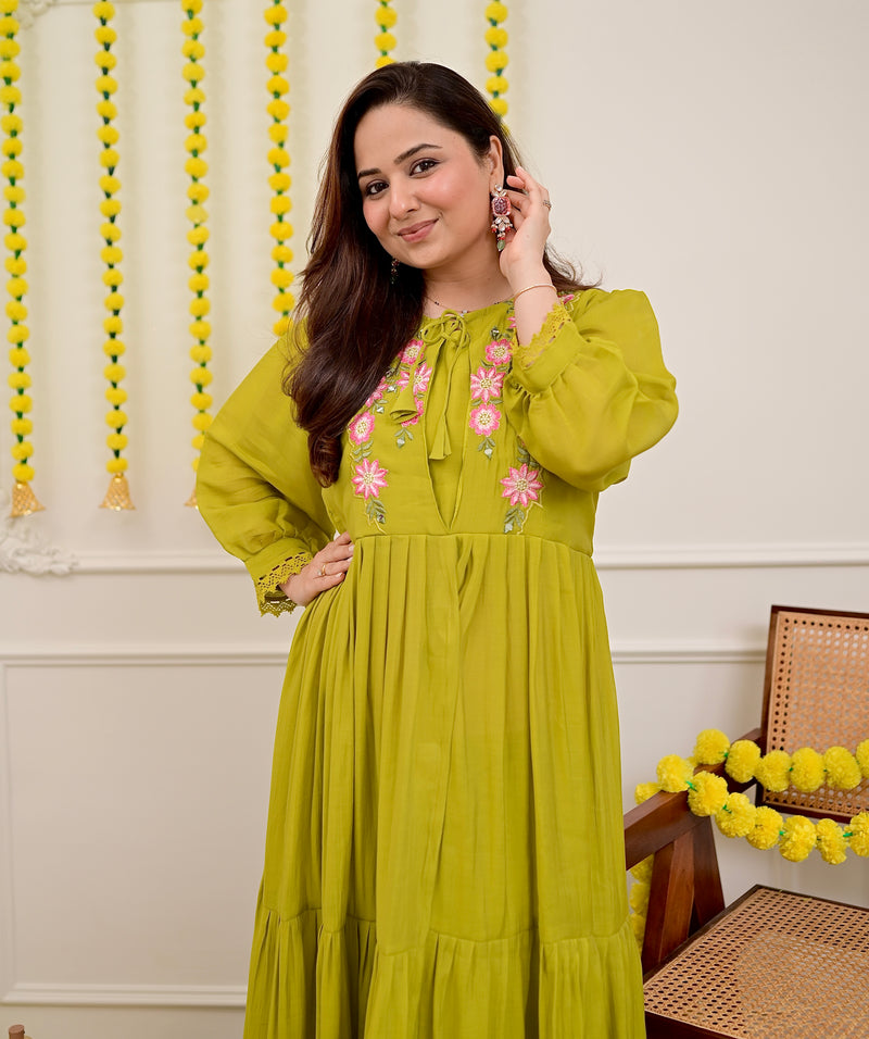 Green Handwork Mul Chanderi A Line Kurta Set